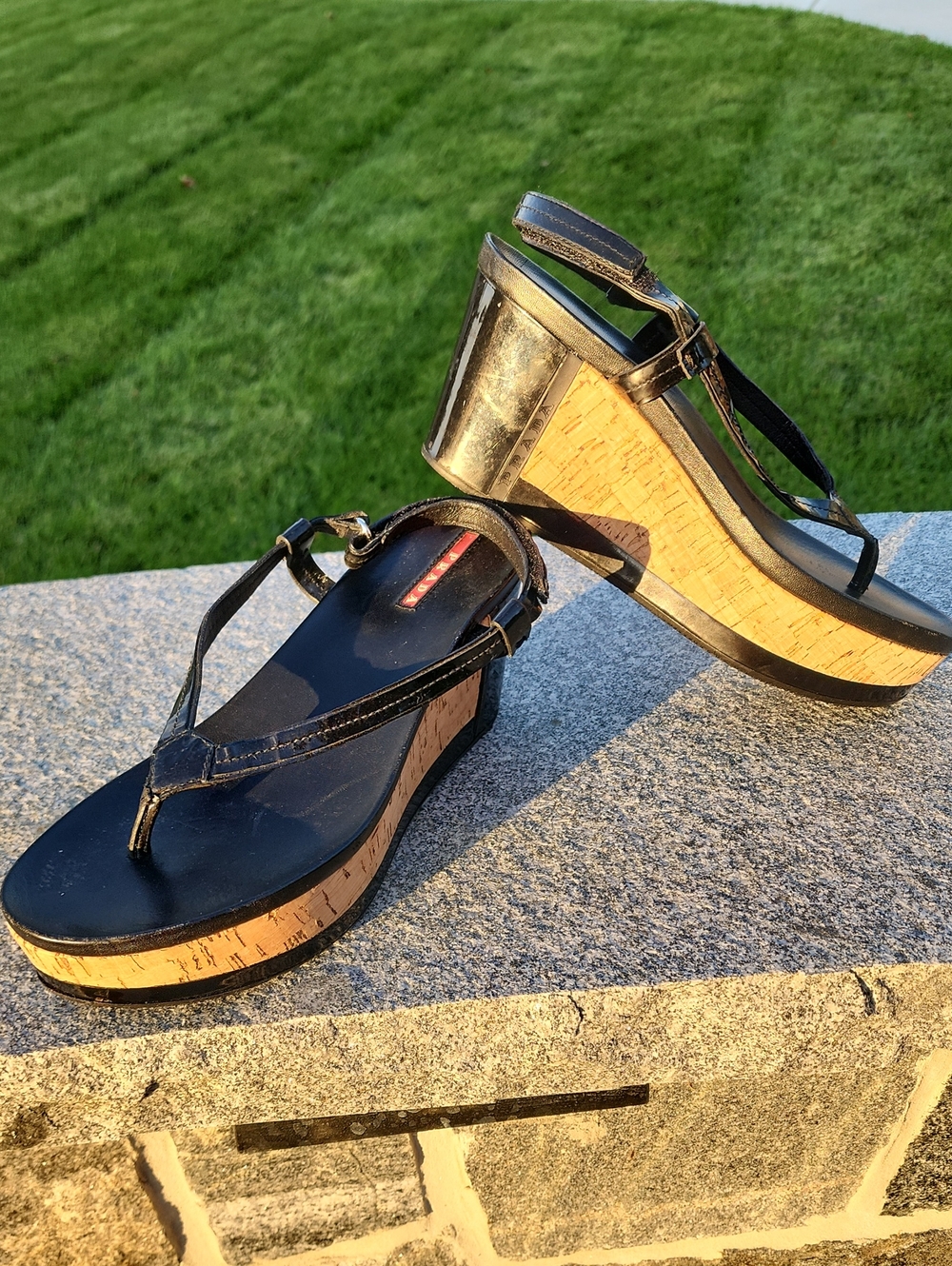 Prada Black Patent Leather Cork Wedge Thong Sandals